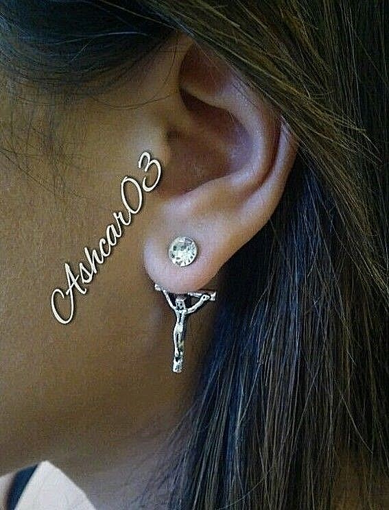 Jesus On A Cross Catholic Religious Front Back Ear Jacket Stud Earrings  Steel