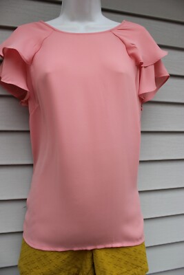 NWT Ann Taylor Peach Mixed Media Double Ruffle Short Sleeve Top L | eBay
