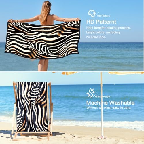Leopard Print Beach Towel 30 x 60 Inch, Zebra Print Beach Leopard Zebra Print - Picture 7 of 8