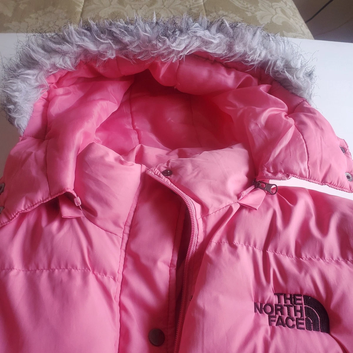 The North Face Pink Puffer Jacket Girls XL Faux Fur Removable Hood