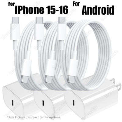 20W PD USB C Fast Charge Block Type C Cable Lot For iPhone 15 16 Android Samsung