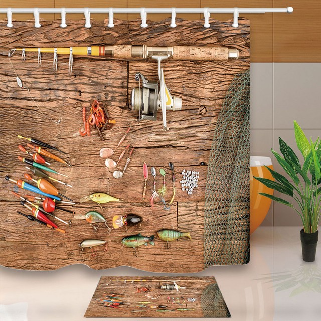 Fishing Rod and Lure Shower Curtain Bathroom Decor Fabric & 12 Hooks 71*71inches eBay