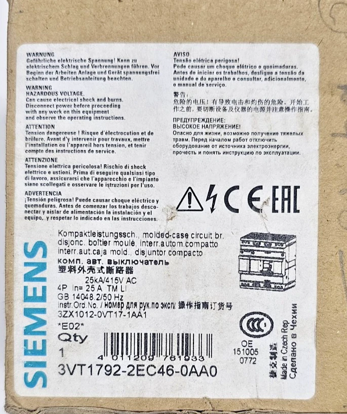 SIEMENS 3VT1 3VT1792-2EC46-0AA0 CIRCUIT BREAKER 25A 4P 20KA 690V NEW-OPEN BOX - Image 3 of 4