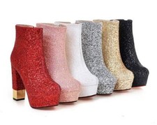 Women's Glitter Sequins Zip Ankle Boots Block High Heels Party Prom Dress Shoes