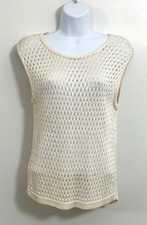 Vintage Liz Claiborne Crochet Knit Tank Top M Cream Festival Beach Hippie USA