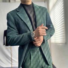 Mens Corduroy Suit Sets Vintage Slim Fit Solid Color Autumn Business 2 Piece Set