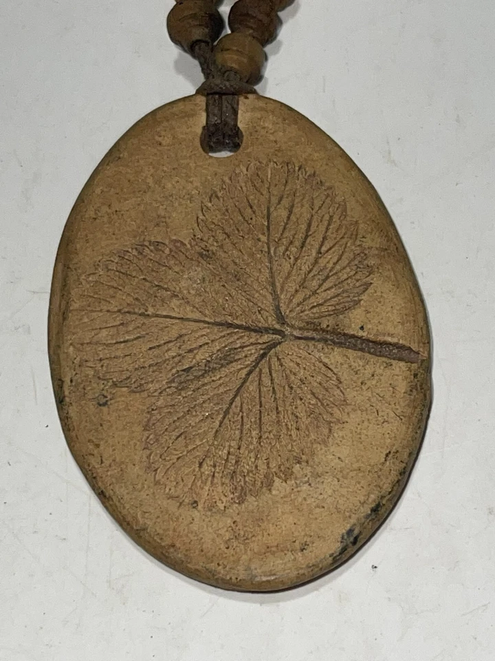 Leaf Imprint Oval Pendant Charm Ceramic Beaded Cords Double Strand 7.25" - Image 2 of 3