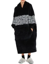 Oversized Wearable Sherpa Lined Fleece Blanket Hoodie with Giant Pocket, Black W