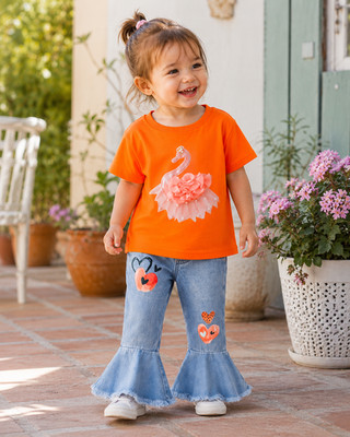   Süßes Mädchen T-Shirt Gr. 86/92 Orange mit 3D Schwanen-Print NEU!