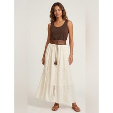 Cream Lace-Panel Maxi Skirt