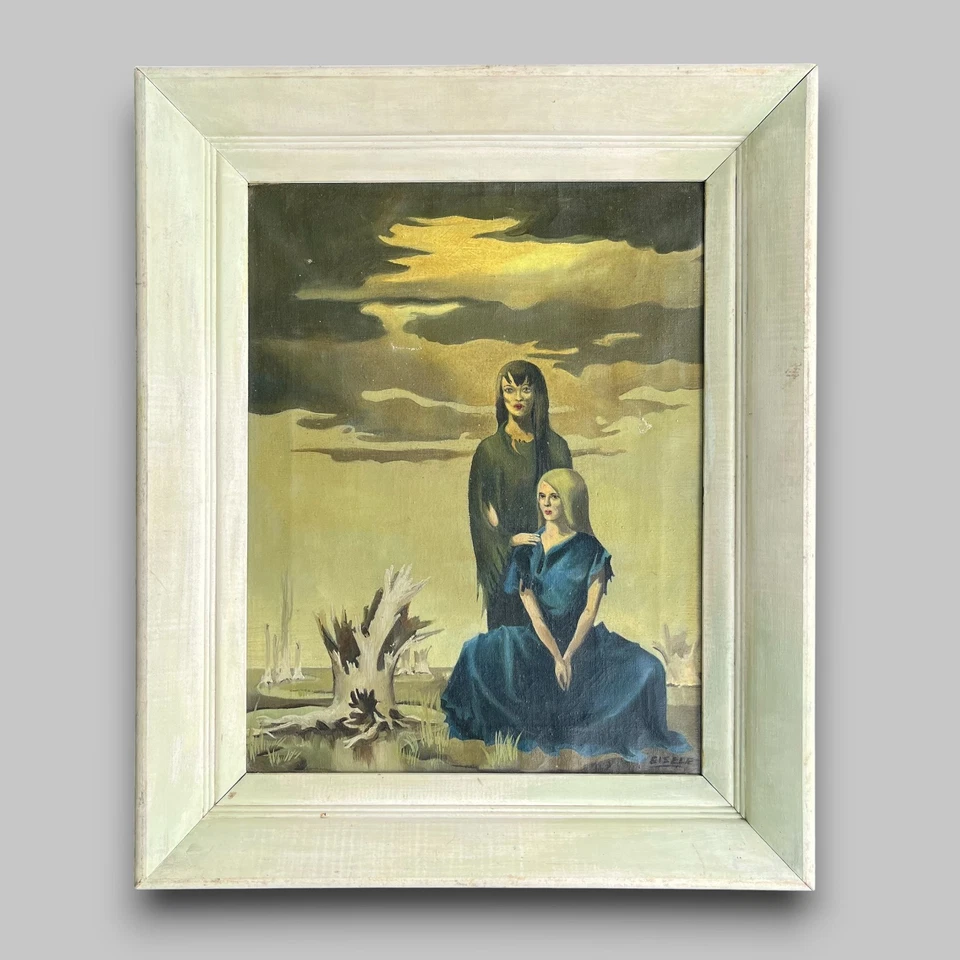 Weird Surrealistic Signed Painting 1950s Vintage Witchy Women Hellscape In Frame - Image 4 of 4