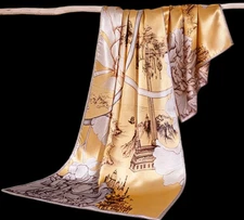 100% Silk mulberry Scarf Women neckerchief Shawl Wrap Floral yellow coffee MY193