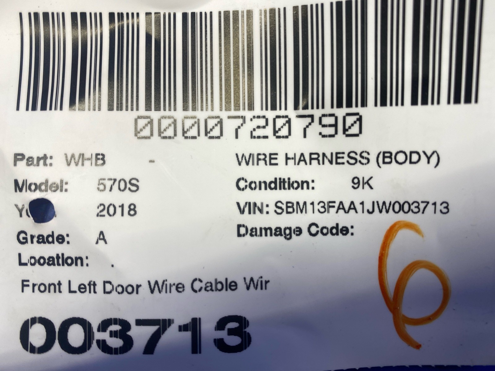 2016-2021 Mclaren 570s Front Left Door Wire Cable Wiring Harness 13M1472CP oem