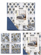 Seventh Studio King Reversible Quilt Set Navy Blue Floral 3-Piece Polyester