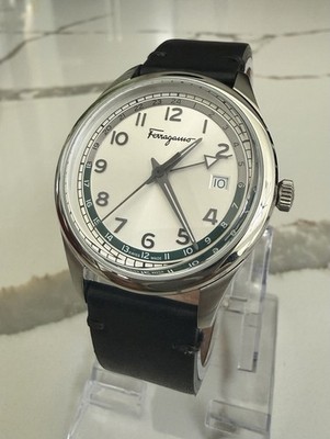 Salvatore Ferragamo Timeless Swiss Quartz GMT White Dial & Leather Band w/Box