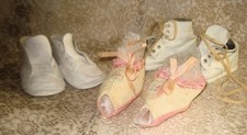 Vtg 3 Antique Baby Crib Shoes White Leather  Walking Shoes  Knitted Booties