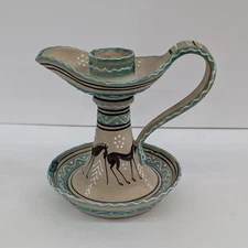 Vintage ARS Artigiana Deruta Italy Hand Painted Candlestick Holder Horses 3037
