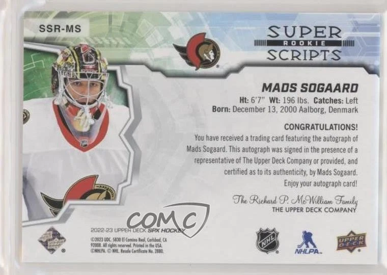 2022-23 SPx Rookie Superscripts Mads Sogaard #SSR-MS Auto RC - Image 2 of 2