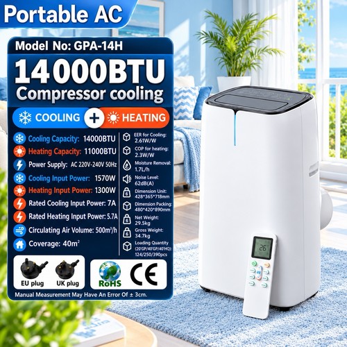 14000BTU Portable Air Conditioner Cooling, Heating, Fan, Dry, Auto, 5In1 Smart