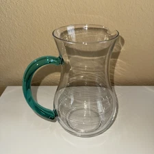 VTG~Beautiful Handmade Blown Glass Teal Handle Iced Tea Juice Pitcher  8" Tall