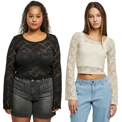Urban Classics Ladies Cropped Lace Longsleeve T-Shirt Top Long Sleeve Women