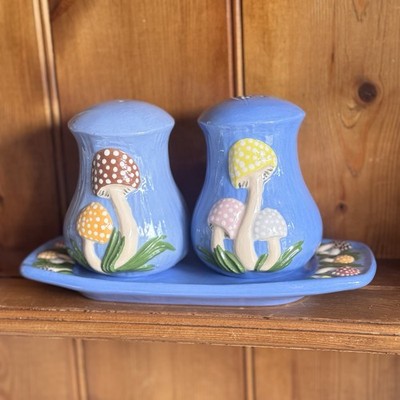 Vintage Pilz Salz & Pfefferstreuer mit Tablett blau Keramik Arnel Stil