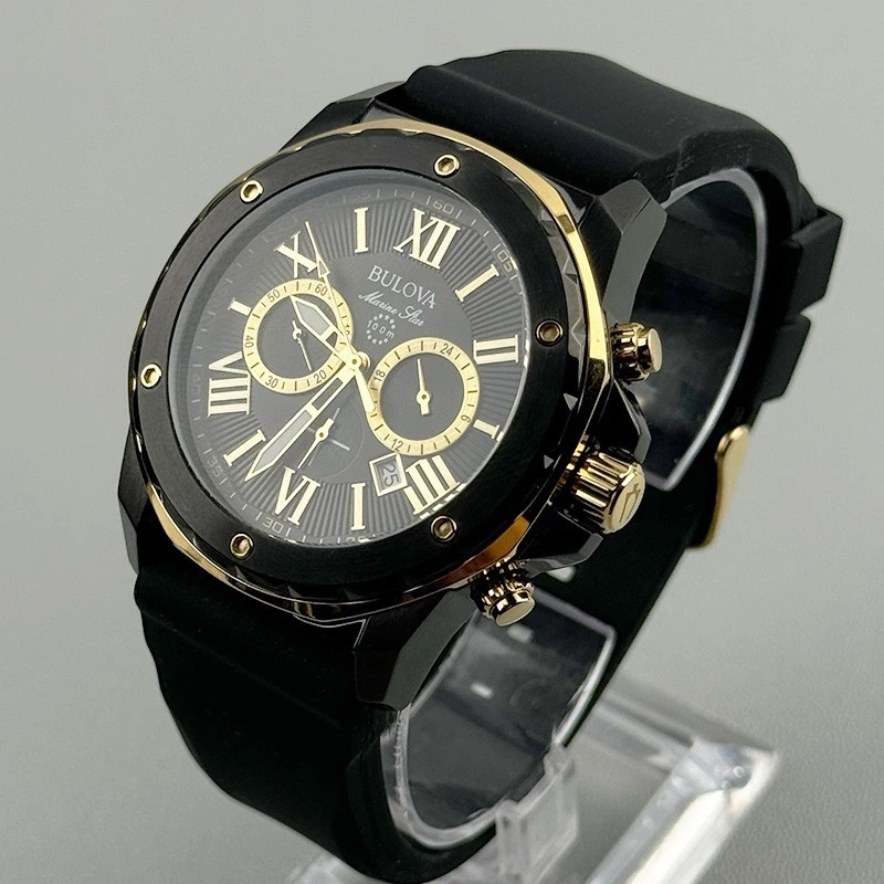 Bulova Marine Star 98B278 Black Gold Dial Black Rubber Strap Men's Quartz Watch - Image 3 of 4