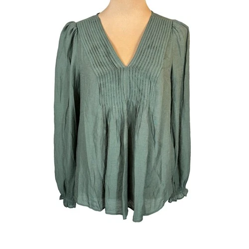 NWT Nanette Lepore Prairie Sage Green Pleated V Neck Long Sleeve Top Medium