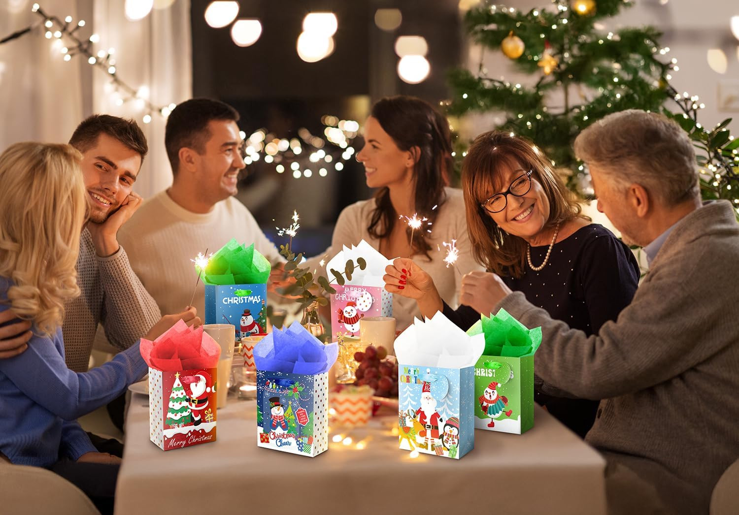 20Pcs Mini Chirstmas Gift Bags with Tissue Paper and Tag, Small Paper Bags with 