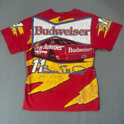 Bill Elliot Budweiser Nascar Racing Vtg AOP 3D Graphic Single Stitch T Shirt L