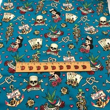 Cotton, Fabric Forever Love Tattoo Rose Skull on Blue 1/2 yard