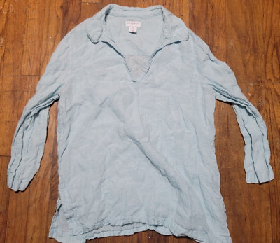 Antibes Blanc Women's 100% Linen Light Blue Tunic Blouse Shirt SZ M