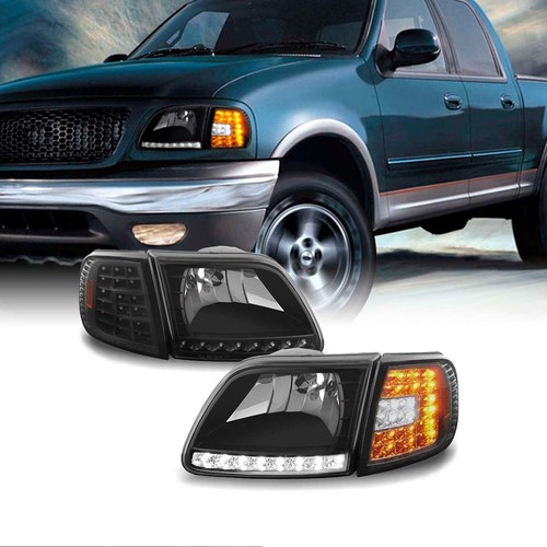 Fit 1997-2003 Ford F150 F-150 Expedition Black LED Headlights +LED Corner L+R