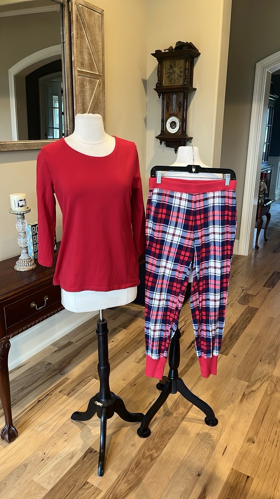 Pajama Set Red Plaid Pants Solid Long Sleeve Top - image 3