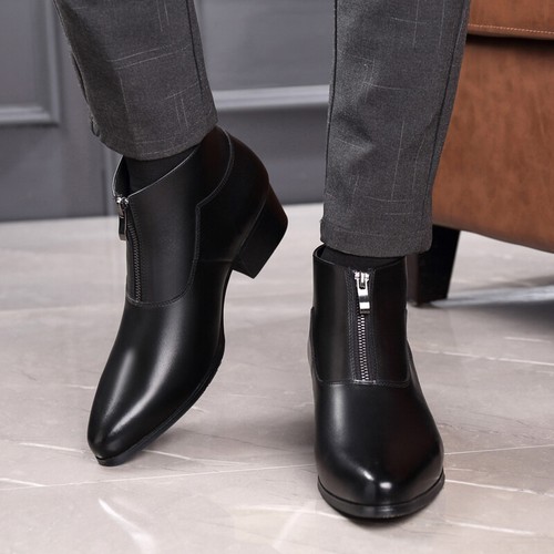 Bottes cheville en cuir pour hommes bout pointu cubain talon intermédiaire chaussures formelles fermeture éclair - Photo 1 sur 9