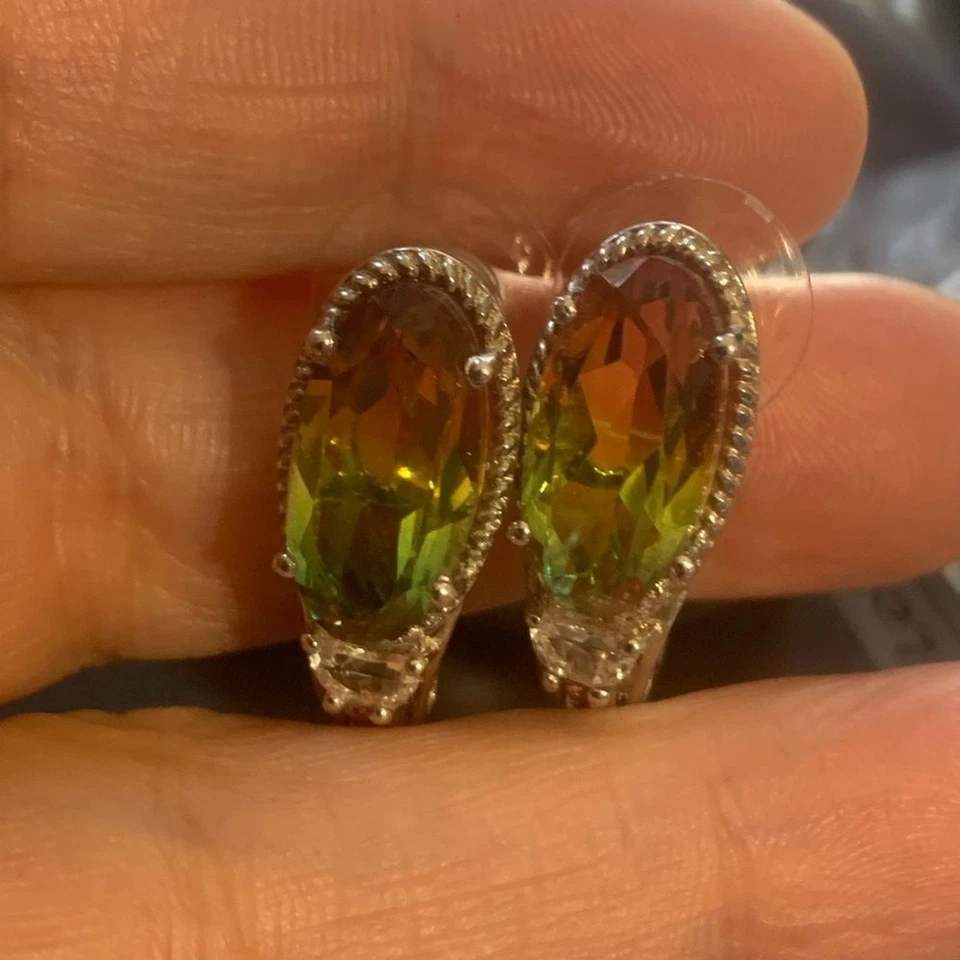 Platinum Plated 925 Rainbow Quartz with Mozambique Garnet J hook earrings NWOT - Image 2 of 4