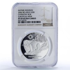 Belarus 20 roubles Chervony Bor Mink Nature Reserves Fauna PF69 NGC Ag coin 2006