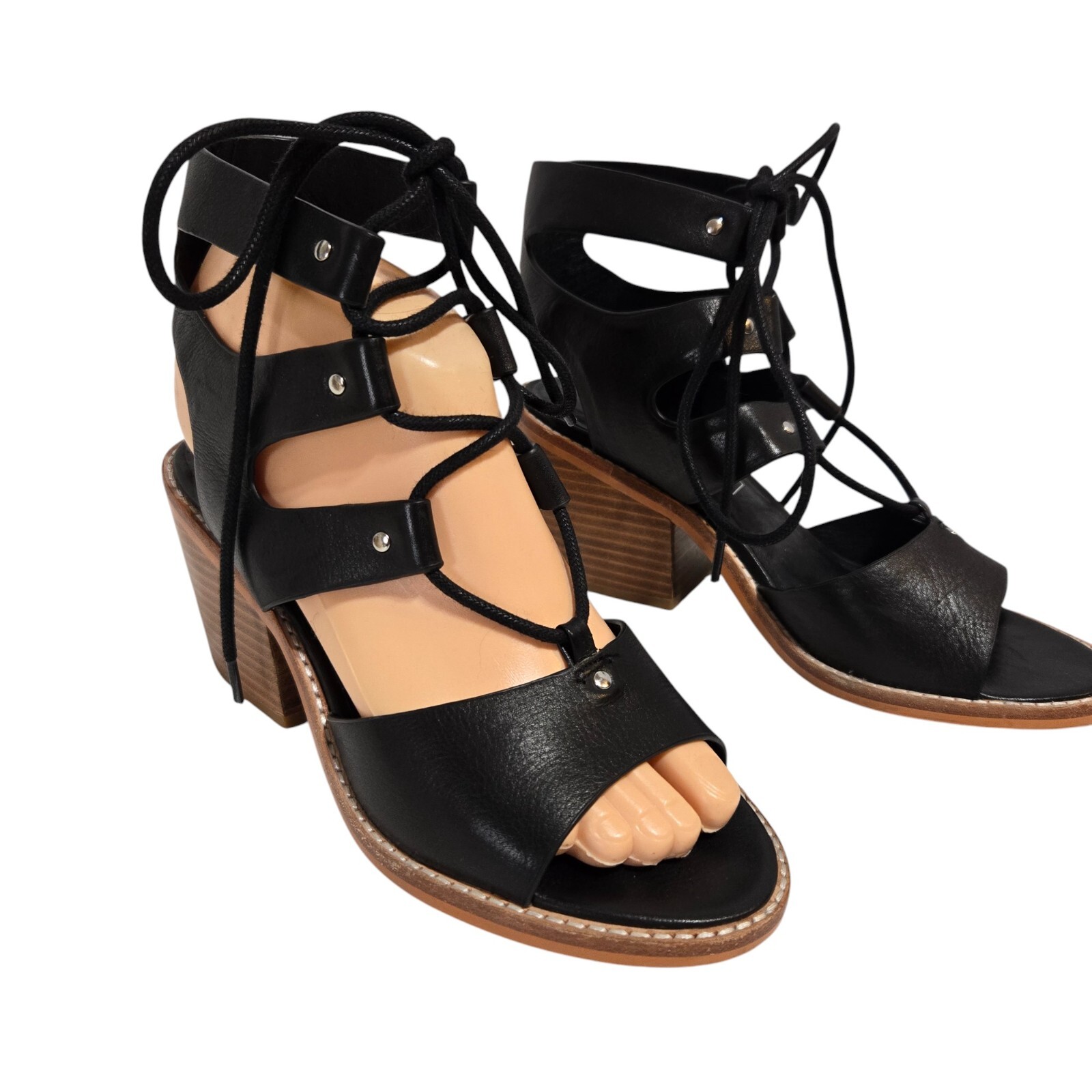 SAOLA Sandali donna Sol Sana Rudey 37 6 5 pelle nera stringati tacco a blocco 2 5" boho