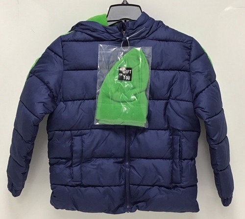 Rothschild Boys Stripe Sleeve Puffer Jacket With Hat In Blue Size M (10/12)