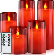 Homemory Christmas Red Flickering Flameless Set of 5 Candles (3" to 8"), 
