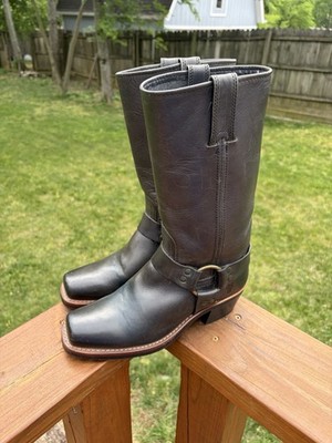 $498 Frye Womens Leather Harness 12R Boots Mid Calf Navy Blue Pull On Size 7.5