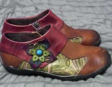 Socofy Red Brown Floral Clogs Side Zip Shoes Retro Flower Artsy Size EU37 (US 7)