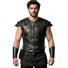 Roman Gladiator Beatles Costume Real Black Leather Armor With Vest For Men's