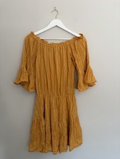 ASOS Mustard Off Shoulder Boho Smock Dress UK 10 Festival Peasant Mini