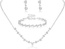 Silver Bridal Wedding Jewelry Set Crystal Necklace Bracelet Dangle Earrings Set
