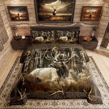 Rustic Deer Comforter Set for Cabin Lodge Vintage Elk Moose Queen Color 02