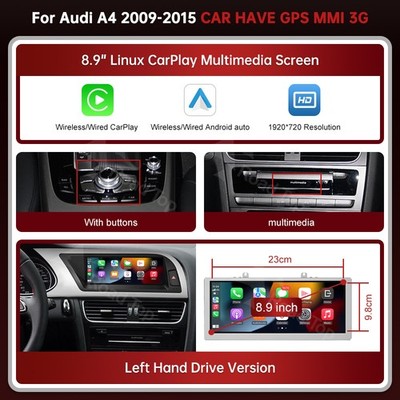 8.9'' Wireless Carplay Stereo Multimedia Screen For Audi A4 RS4 2009-2016 MMI 3G
