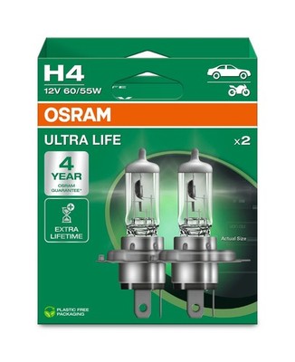 OSRAM Headlight Bulb 2 Pack Extra Bright Long Life H4 12V 60/55W P43t ULTRA LIFE