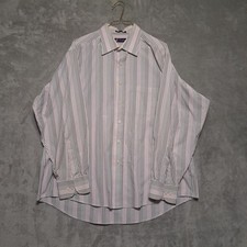 Chaps Mens Dress Shirt Size 17/17.5 34/35 XL Stripe Button Up Pink Grey White