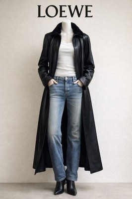 LOEWE Genuine Leather Long Coat 40 Black Leather with Fur Good Condition